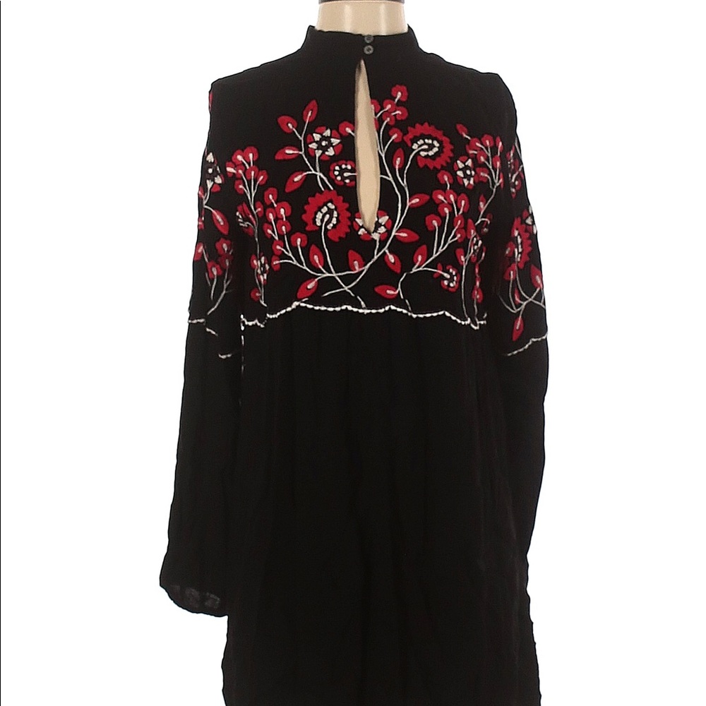 Mock Neck Mini Dress with Red Floral Pattern